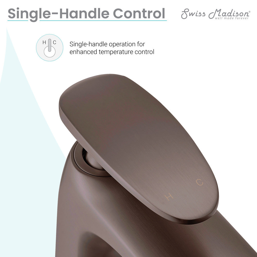 Single-handle bathroom faucet in oil rubbed bronze with sleek curved lever handle.