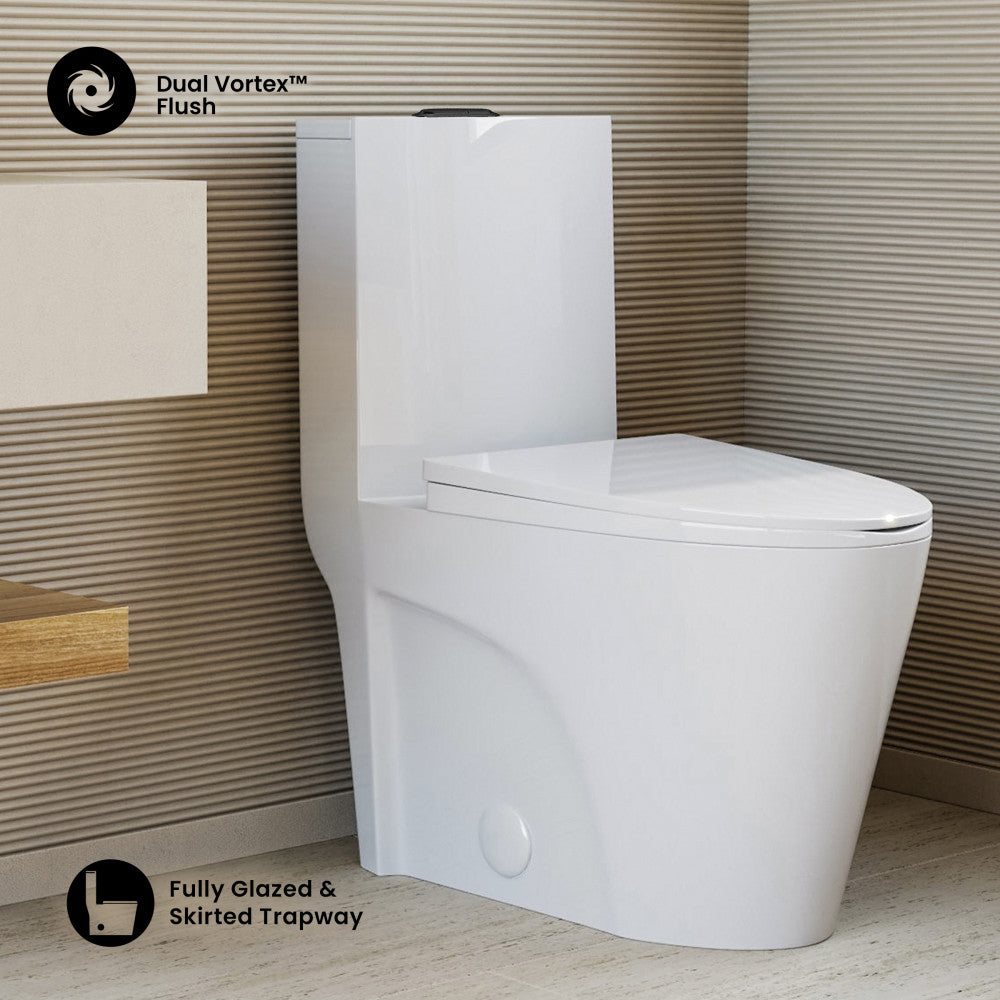 St. Tropez One-Piece 12" Rough-in 1.1/1.6 GPF Dual Top Vortex Flush Elongated Toilet in Glossy White with Black Hardware