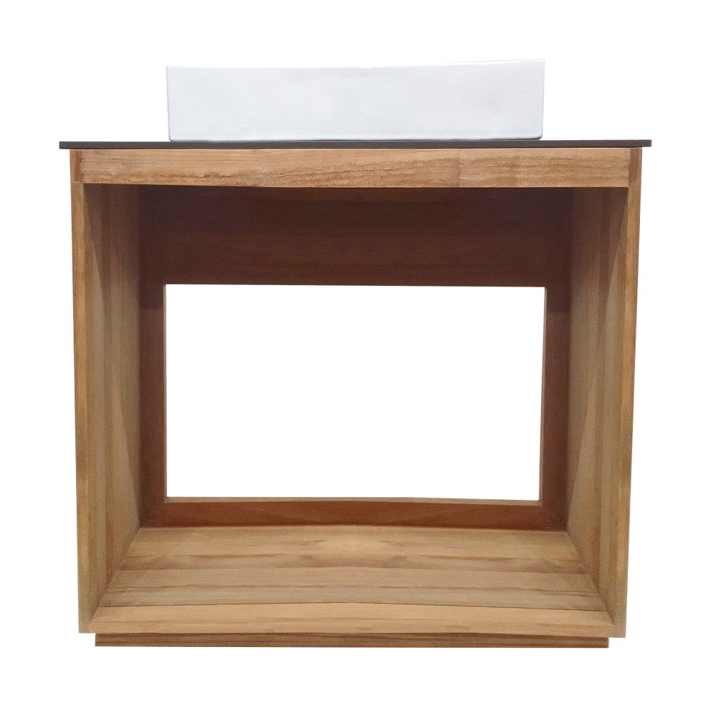 36-inch freestanding bathroom vanity in natural teak with single integrated sink top.