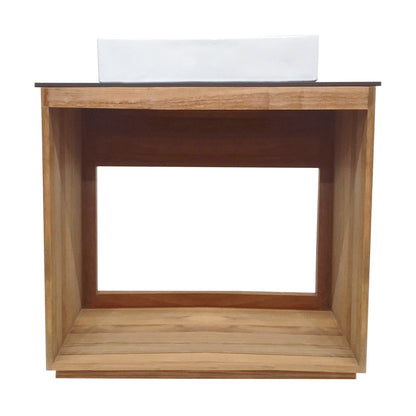 36-inch freestanding bathroom vanity in natural teak with single integrated sink top.