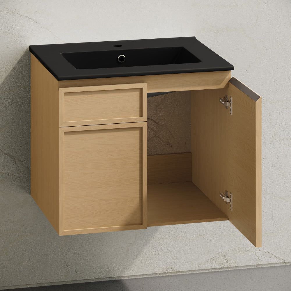St. Tropez 24" Wall-Mounted Bathroom Vanity in Natural Oak with Black Sink Top