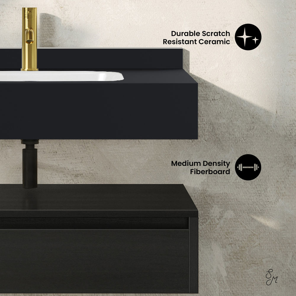 Avancer 36" Wall-Mounted Bathroom Vanity in Black Oak with Black Marble Sink Top