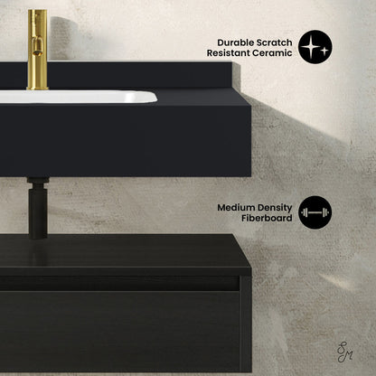 Avancer 36" Wall-Mounted Bathroom Vanity in Black Oak with Black Marble Sink Top