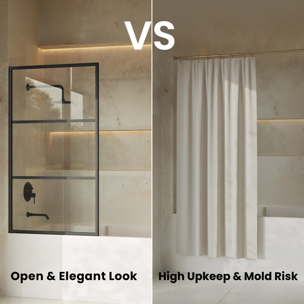 Claire 34 x 58 Framed Fixed 3/8 in. (10mm) Clear Tempered Glass Tub Door with Black Matte Frame
