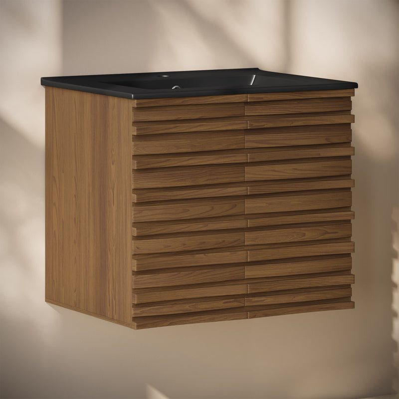 Cascade 24" Wall-Mounted Bathroom Vanity in Brown Oak with Black Sink Top