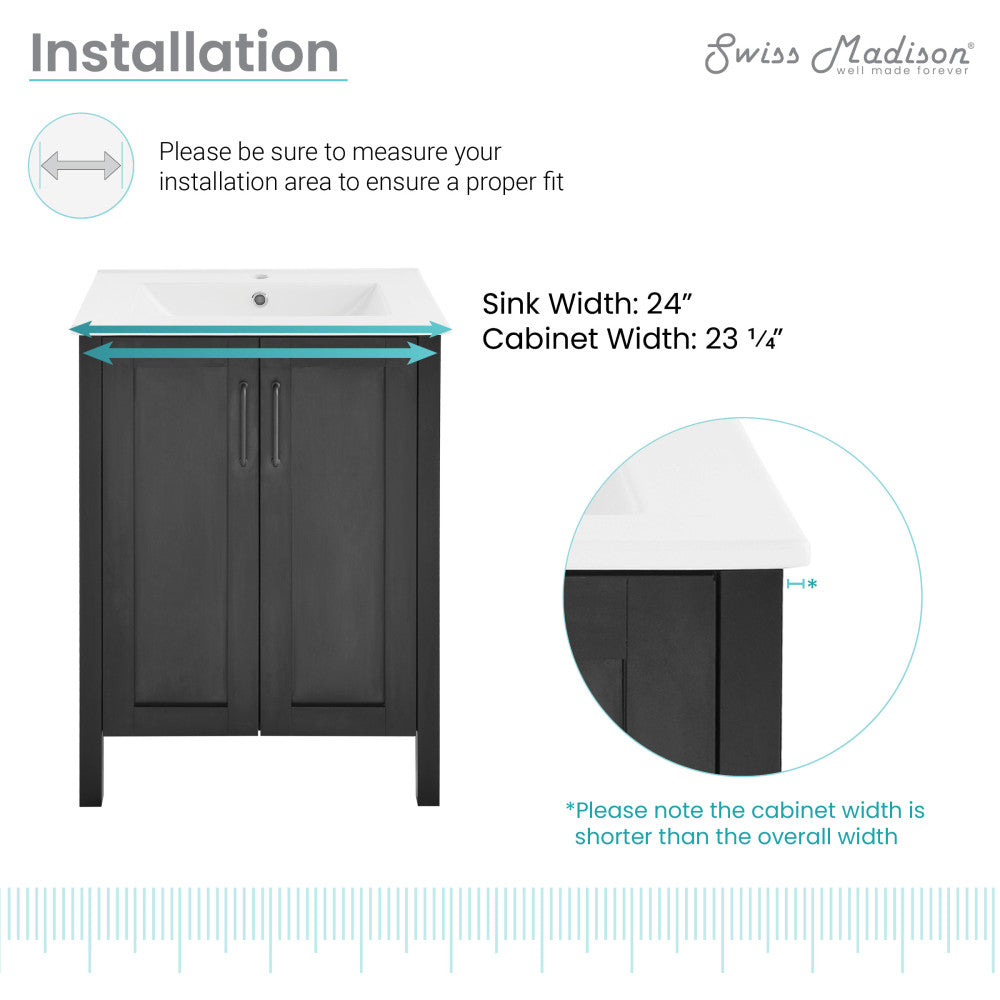 24-inch freestanding bathroom vanity in black with single sink and soft-close doors.