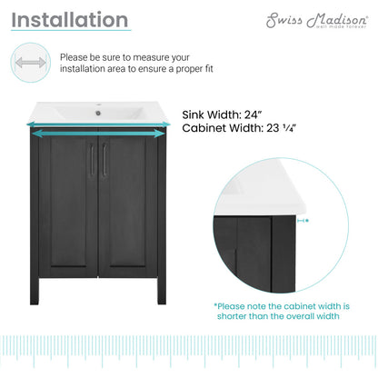 24-inch freestanding bathroom vanity in black with single sink and soft-close doors.