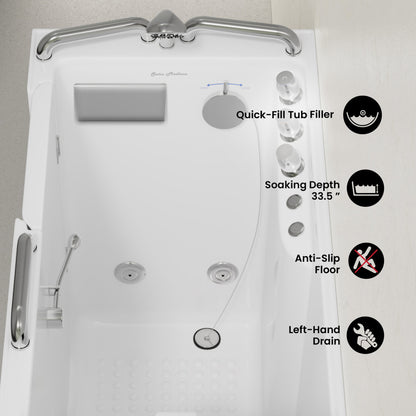 Auvergne 53" x 27" ADA Left Drain Walk-in Soaking Bathtub with Massage Jets in Glossy White, Faucet Set, Drain, Grab Bars, Pillow Included