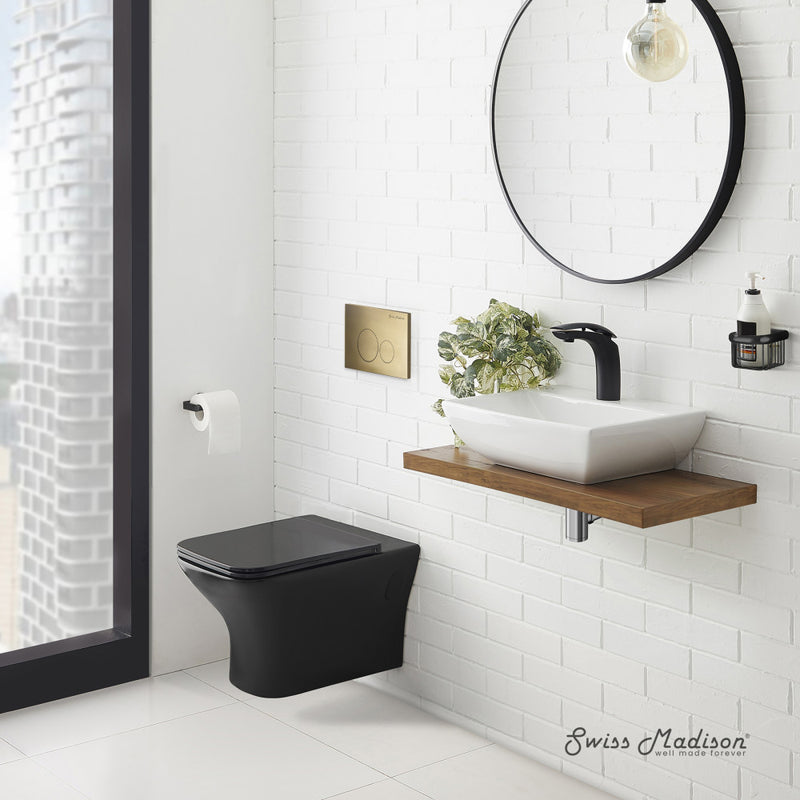 Carre Wall-Hung Toilet Bundle 0.8/1.6 GPF Dual Flush in Matte Black with Brass Flush Plate