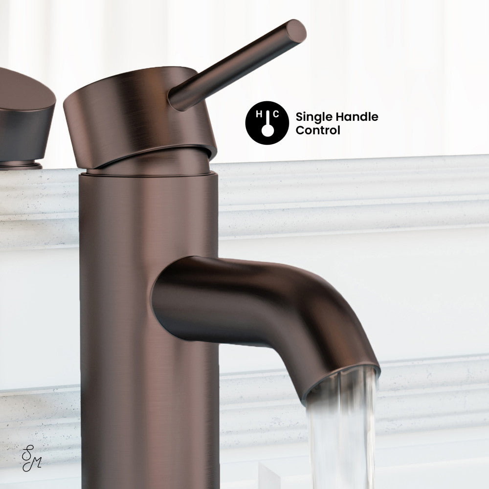 Single-handle bathroom faucet in oil rubbed bronze, Ivy collection, water flowing.