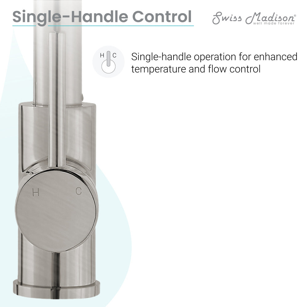 Single handle pull-down kitchen faucet in brushed nickel, sleek cylindrical design, temperature control knob.