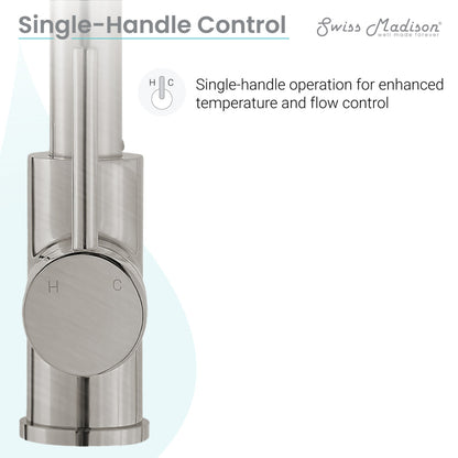 Single handle pull-down kitchen faucet in brushed nickel, sleek cylindrical design, temperature control knob.