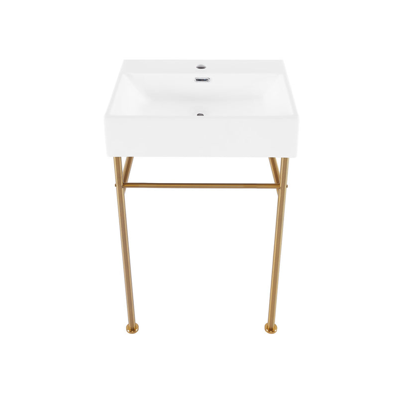 Claire 24 Ceramic Console Sink White Basin Brushed Gold Legs