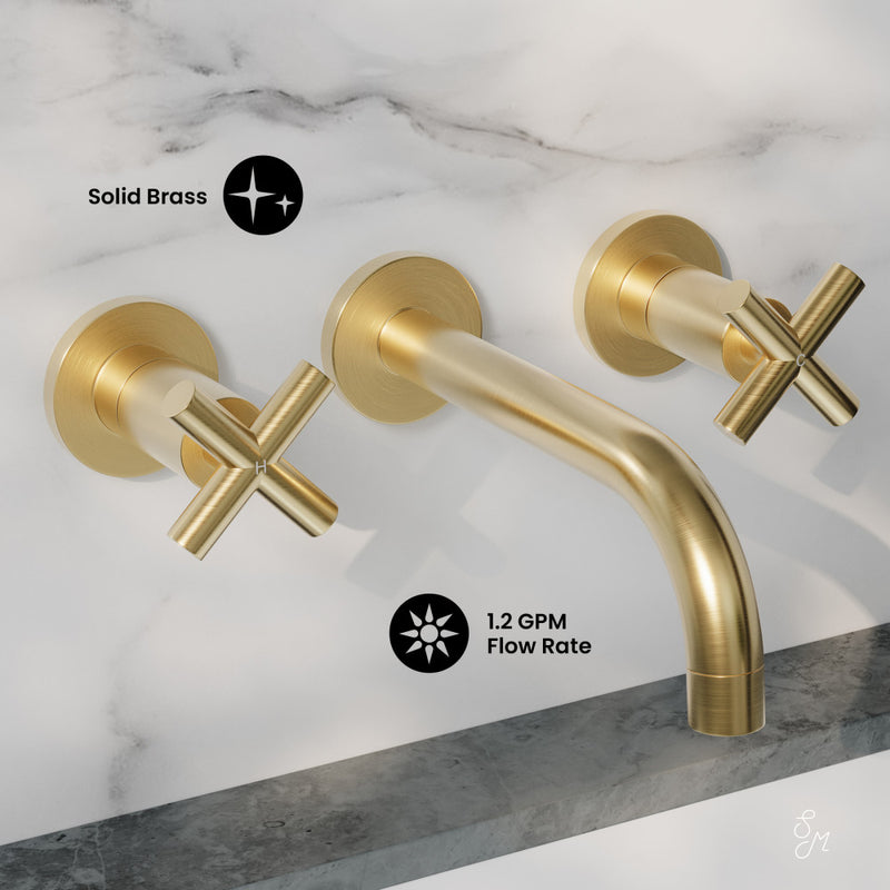 Ivy 8 in. Widespread Double Cross-Handle Wall Mount Bathroom Faucet in Brushed Gold