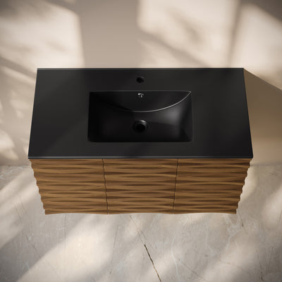 Cascade 36" Wall-Mounted Bathroom Vanity in Brown Oak with Black Sink Top