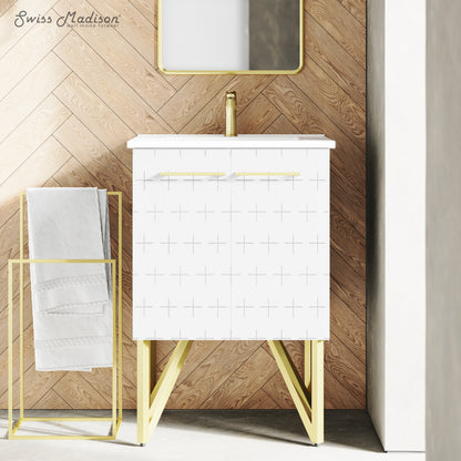 24-inch freestanding bathroom vanity in white with gold legs and single sink top.