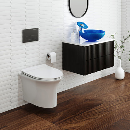 Elongated wall-hung toilet bowl in white with concealed trapway, installed in modern bathroom setting.