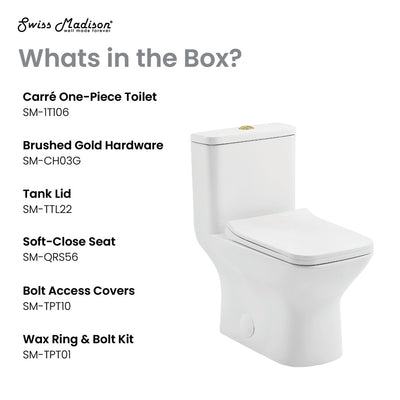 Carre One Piece Square Toilet Dual Flush, Brushed Gold Hardware 1.1/1.6 gpf