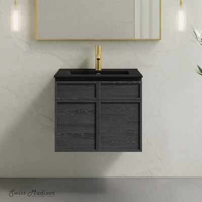 St. Tropez 24" Wall-Mounted Bathroom Vanity in Black Oak with Black Sink Top