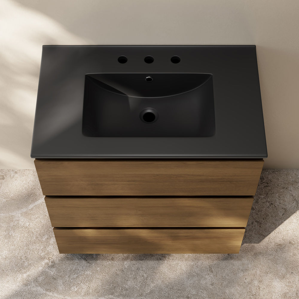 Liberte 30" Freestanding Bathroom Vanity in Brown Oak with Black 3-Hole Widespread Sink Top