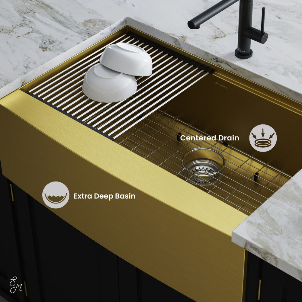 Tourner 33 x 22 Stainless Steel, Single Basin, Farmhouse Kitchen Workstation Sink with Apron in Gold