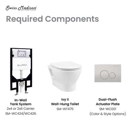 Elongated wall-hung toilet bowl with dual-flush actuator plate and concealed in-wall tank system.