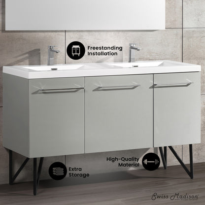 60-inch freestanding gray bathroom vanity with single sink and soft-close doors.