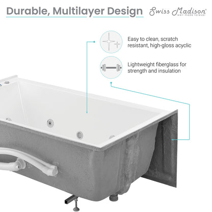 Rectangular alcove whirlpool bathtub 60 x 36 inch, apron front, left-hand drain, white acrylic.