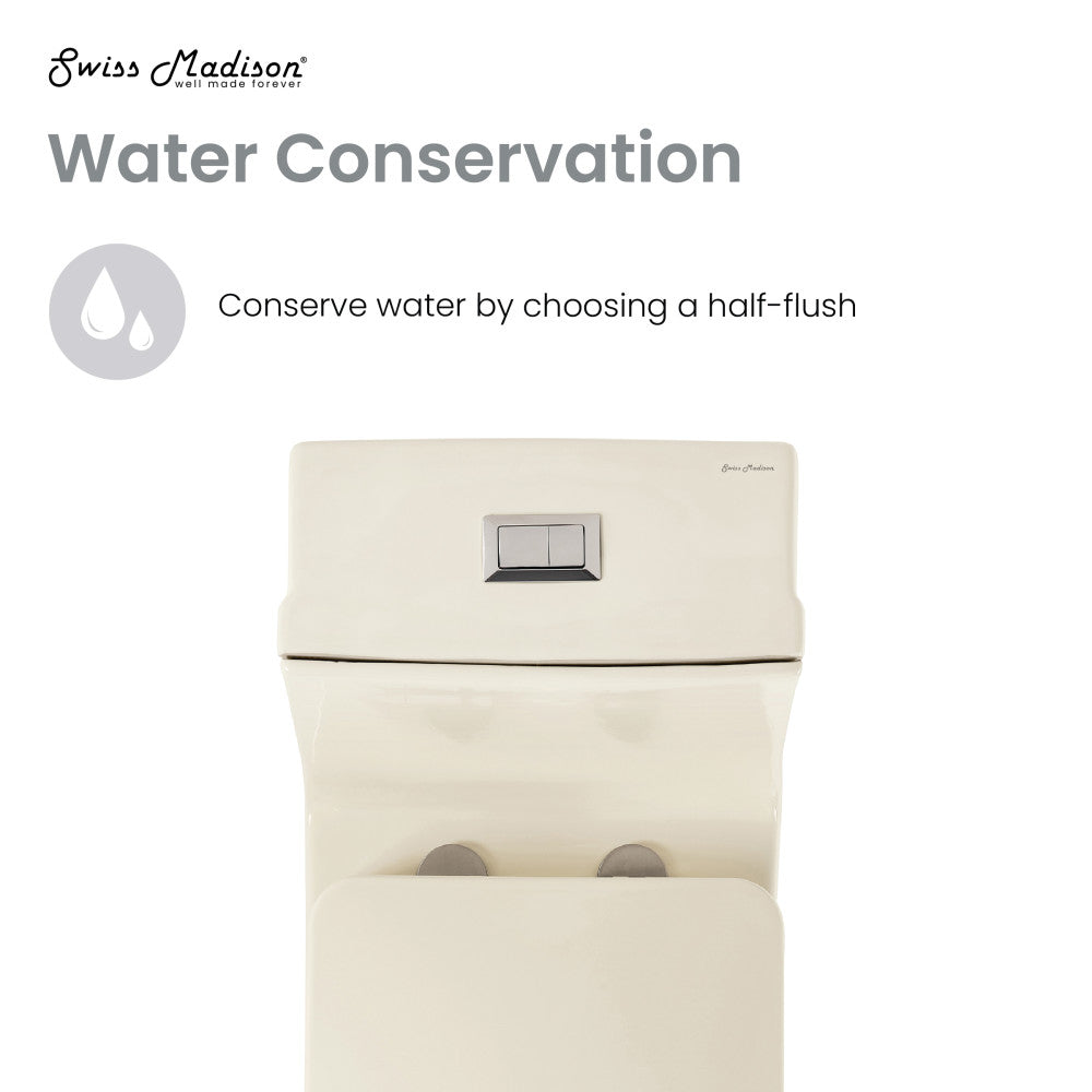 Elongated one-piece toilet in bisque with dual flush, compact design, and rectangular push-button flush panel.