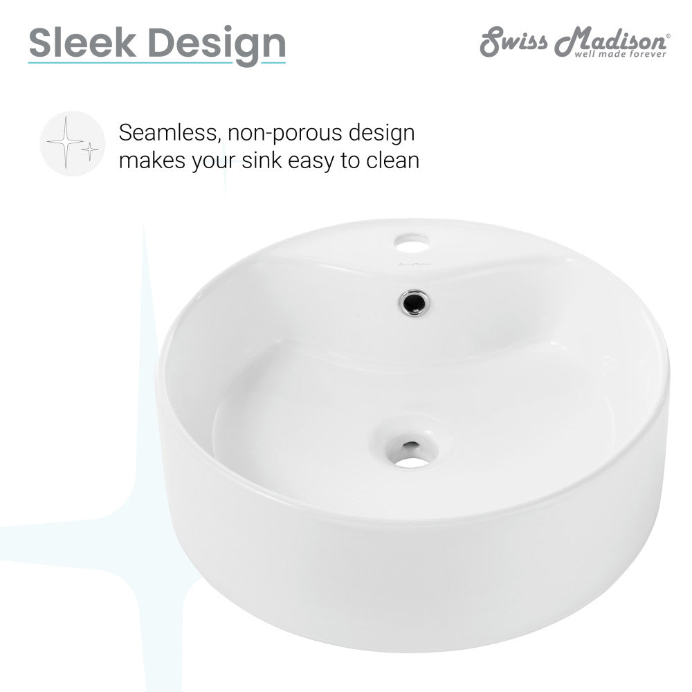 Round white vessel sink with faucet mount, seamless non-porous design.