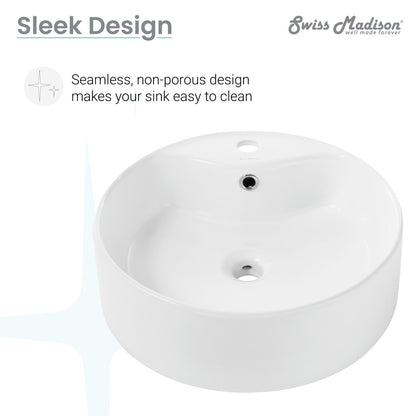Round white vessel sink with faucet mount, seamless non-porous design.