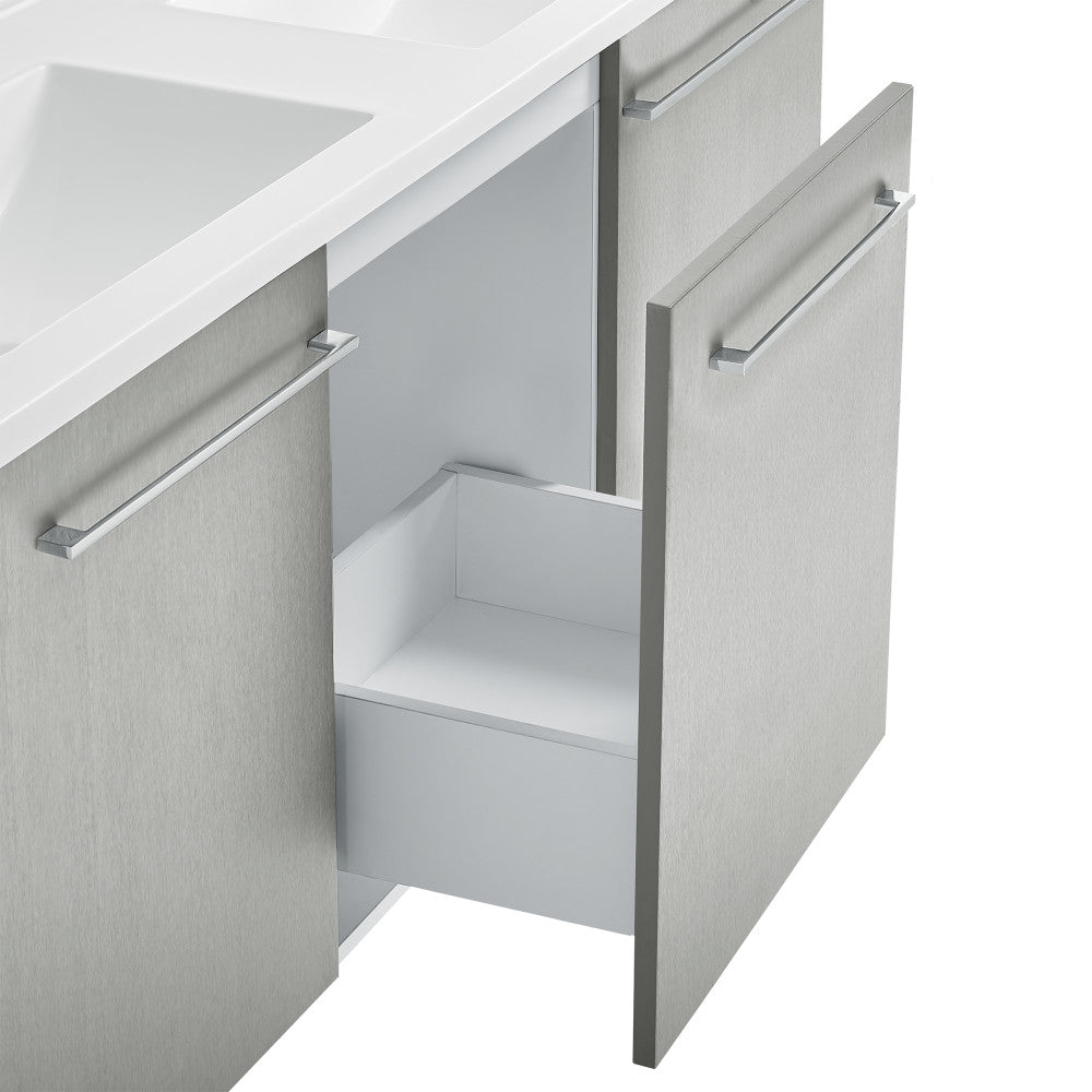 60-inch freestanding gray bathroom vanity with single sink, soft-close doors, and modern metal handles.