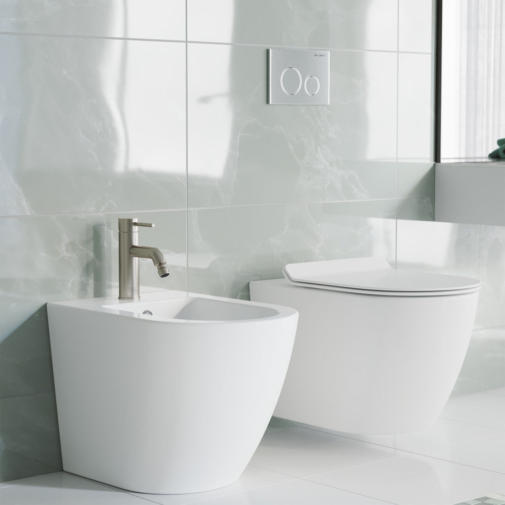 Single-handle bidet faucet in nickel finish mounted on white ceramic bidet with sleek modern design.