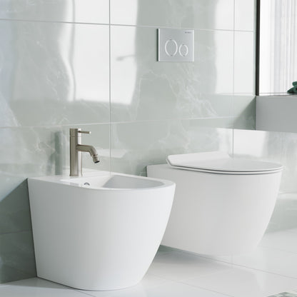 Single-handle bidet faucet in nickel finish mounted on white ceramic bidet with sleek modern design.