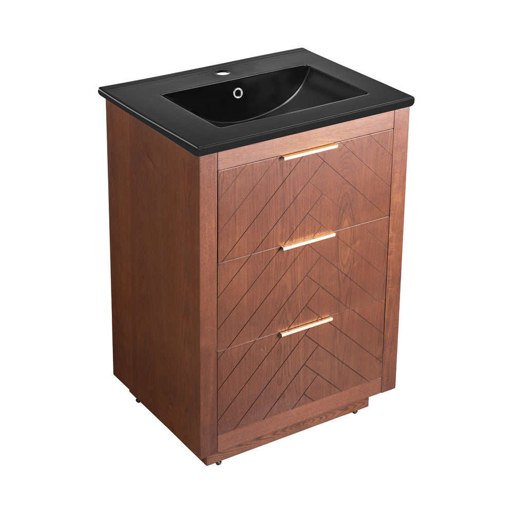 Daxton 24" Freestanding Bathroom Vanity in Brown Oak with Black Sink Top