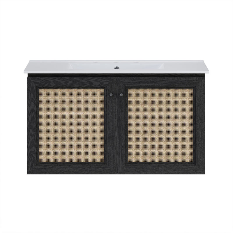 Classe 36" Wall-Mounted Bathroom Vanity in Black Oak with Widespread Faucet Holes Vanity Top