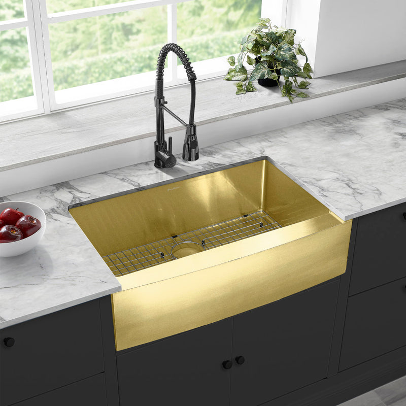 Rivage 33 x 21 Stainless Steel, Single Basin, Farmhouse Kitchen Sink with Apron in Gold