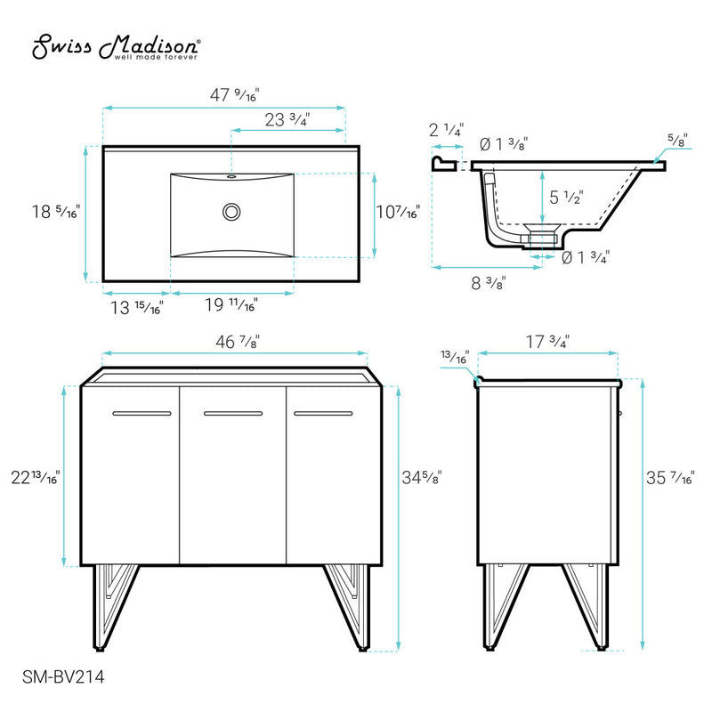 Annecy 48" Freestanding Bathroom Vanity in White with Sink Top