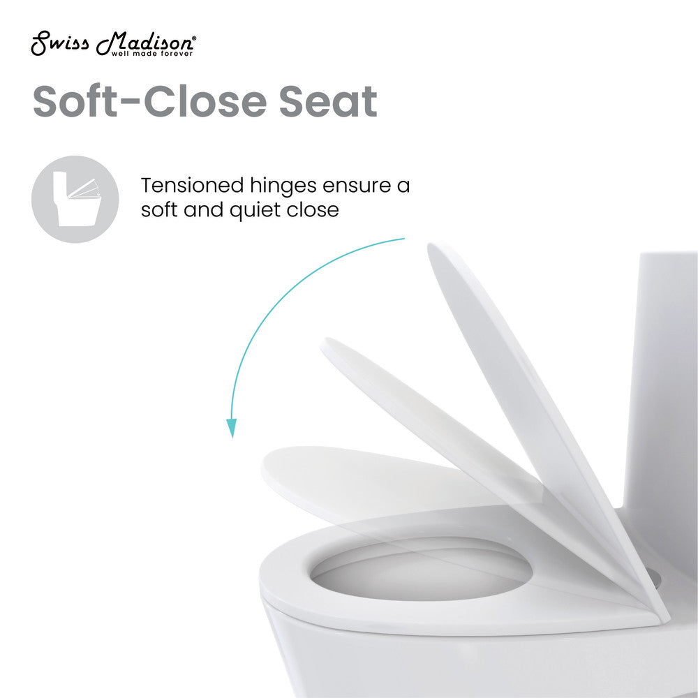 Elongated one-piece toilet with dual flush and soft-close seat, white ceramic design.