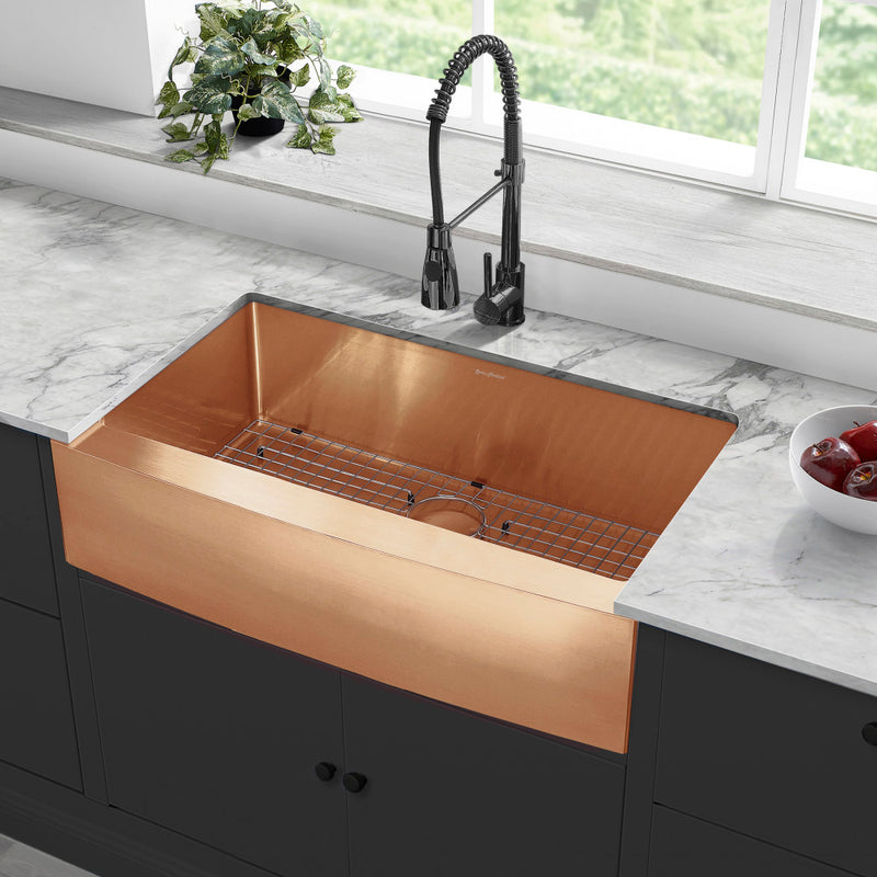 Rivage 36 x 21 Stainless Steel, Single Basin, Farmhouse Kitchen Sink with Apron in Rose Gold