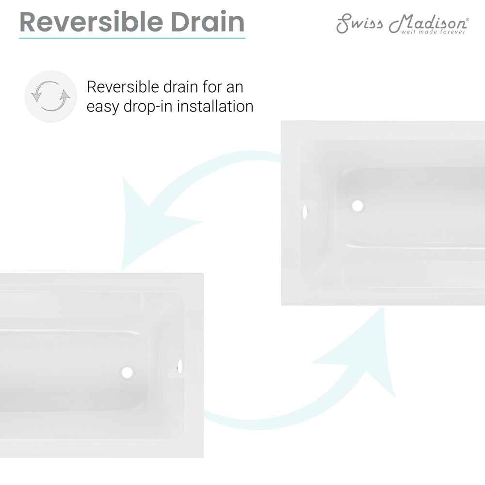 Drop-in bathtub 48 x 32 inch, rectangular white acrylic with reversible center drain.