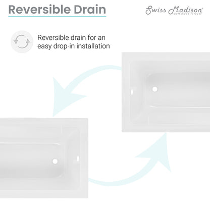 Drop-in bathtub 48 x 32 inch, rectangular white acrylic with reversible center drain.