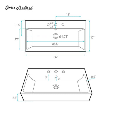 Carre 36" Wall-Mount Bathroom Sink with 8" Widespread Holes