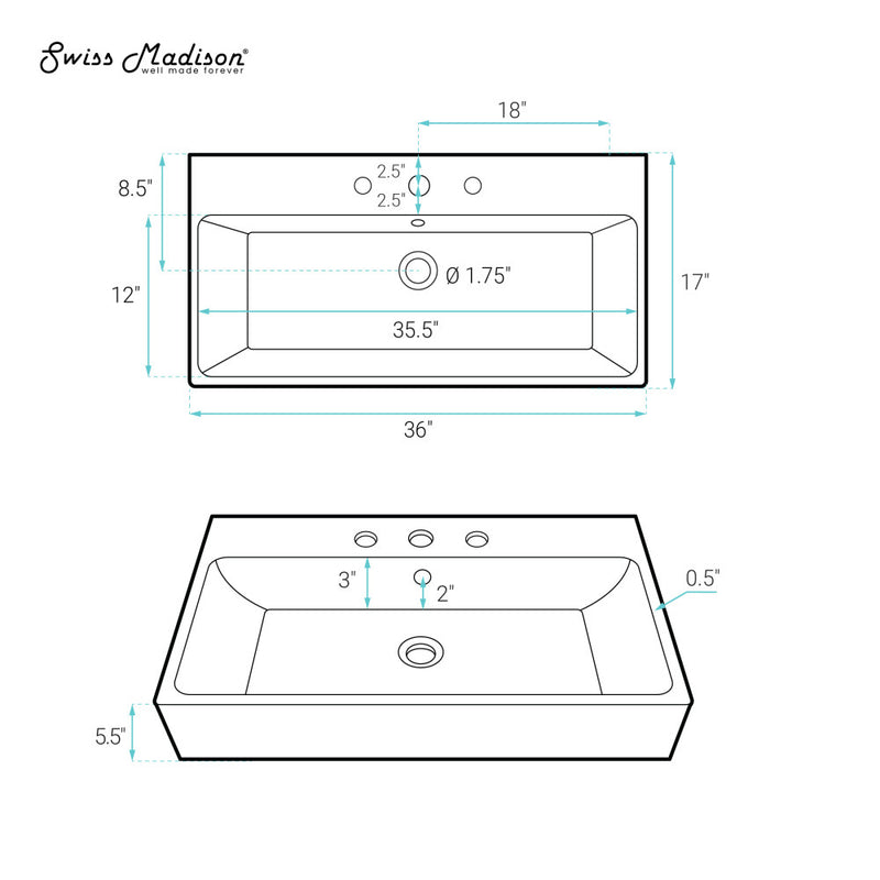 Carre 36" Wall-Mount Bathroom Sink with 8" Widespread Holes