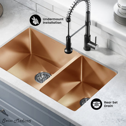 Rivage 33 x 20 Stainless Steel, Dual Basin, Undermount Kitchen Sink in Rose Gold