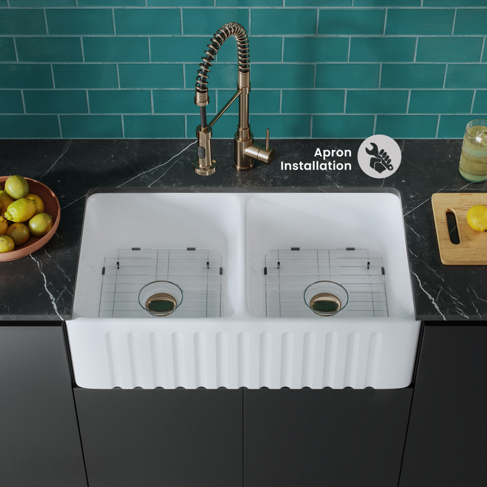 Delice 34" Double Basin Ceramic Farmhouse Kitchen Sink in Glossy White