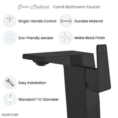 Carre Single Hole, Single-Handle, High Arc Bathroom Faucet in Matte Black