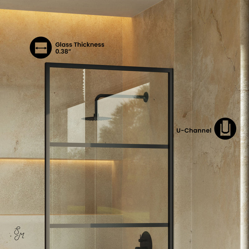 Claire 34 x 58 Framed Fixed 3/8 in. (10mm) Clear Tempered Glass Tub Door with Black Matte Frame