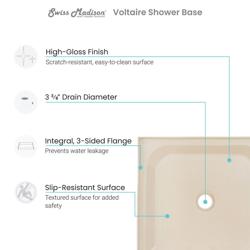 Voltaire 36" x 36" Single-Threshold, Center Drain, Shower Base in Biscuit