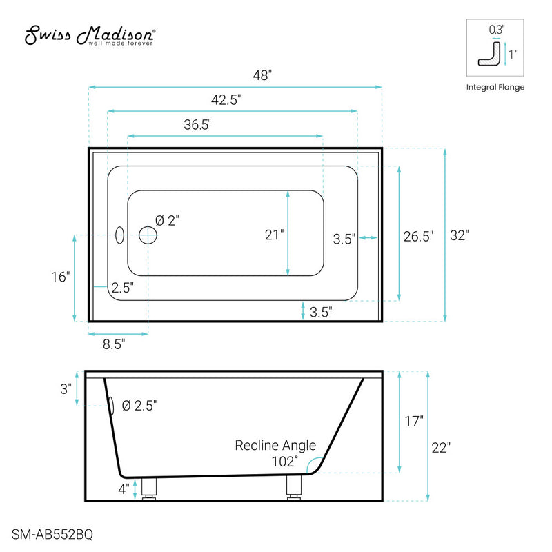 Voltaire 48" x 32" Left-Hand Drain Alcove Bathtub with Apron in Bisque